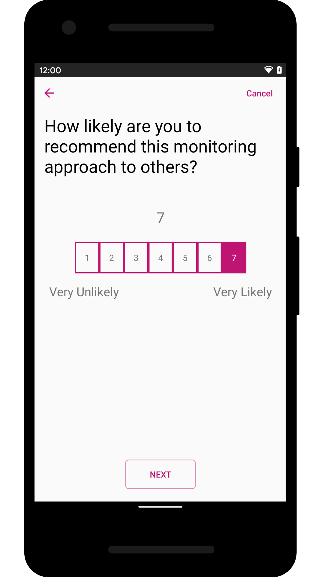 Button scale from 0 to 7 (likert scale) with two labels, a question on top and a next button on the bottom.