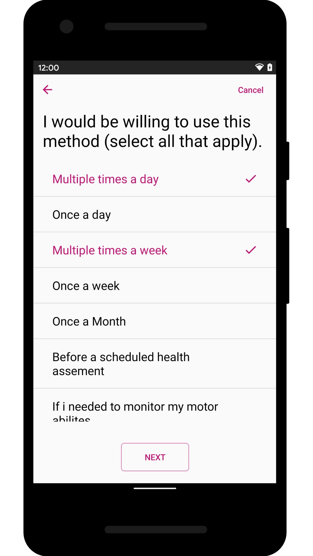 Multiple choice with multiple answers ticked in a listview, a question on top and a next button on the bottom.