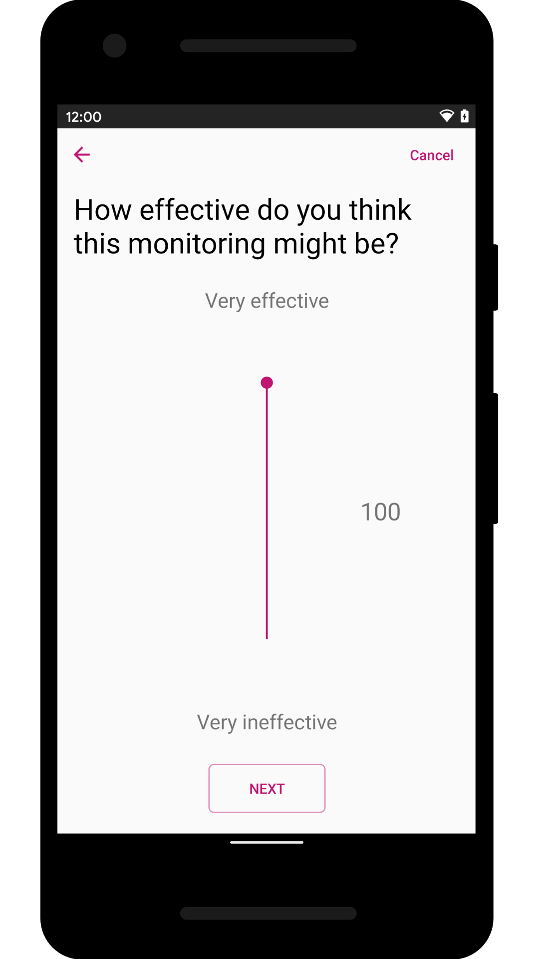 Vertical slider scale from 0 to 100 with two labels, a question on top and a next button on the bottom.